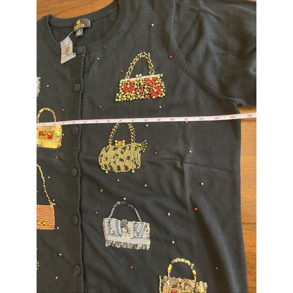 Quacker Factory Cardigan Sweater Wmns Sz 1X Black Bead Sequin Purses Grandmacore - Picture 8 of 9